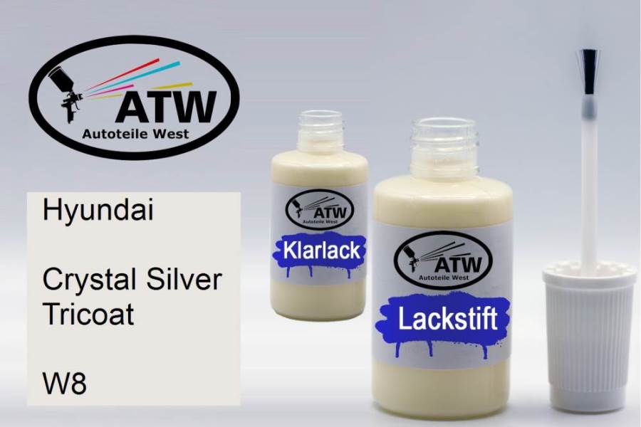 Hyundai, Crystal Silver Tricoat, W8: 20ml Lackstift + 20ml Klarlack - Set, von ATW Autoteile West.